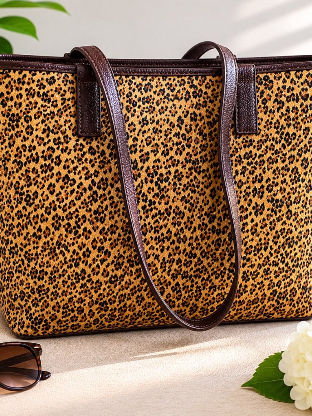 Talbots Large Leopard Print Tote Zip Top Brown Shoulder Bag Work Travel